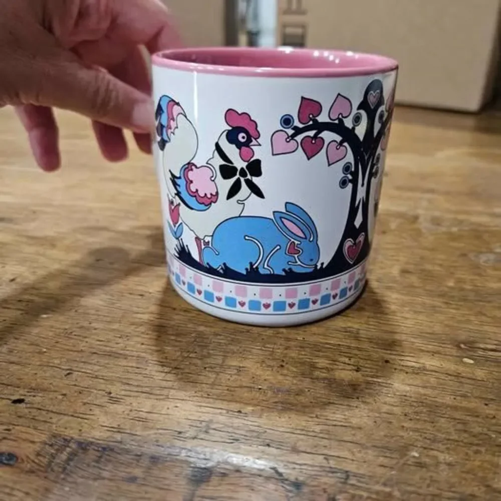 Vintage Folk Art Ceramic Mug with Rooster, Rabbit, Cat, and Sheep